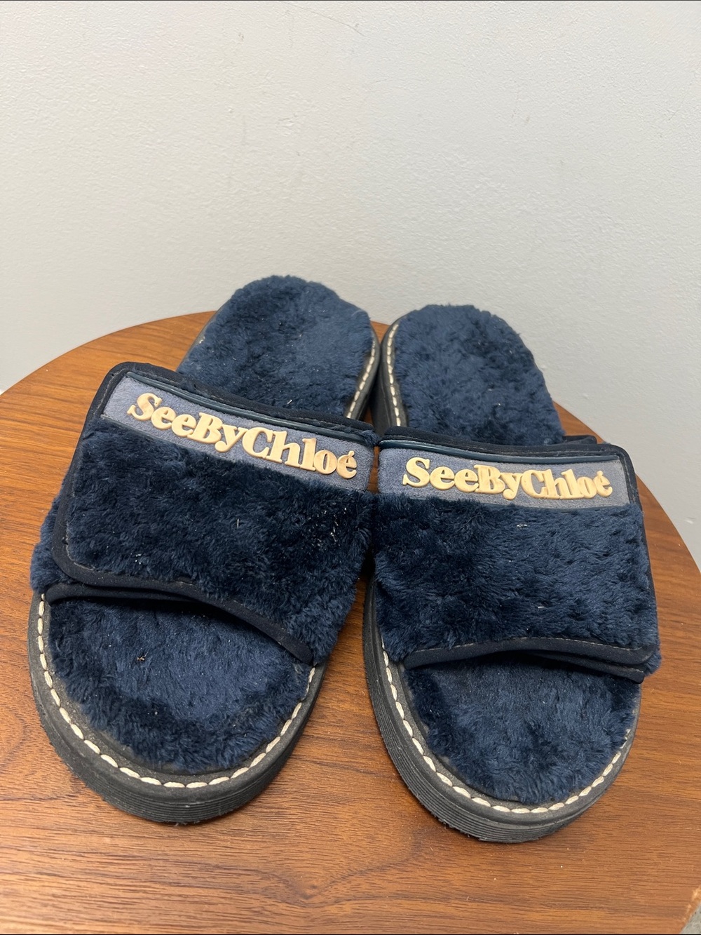 See By Chloé Navy Faux-Fur Slide Sandals with Gold Logo